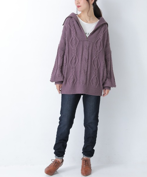 osharewalker（オシャレウォーカー）の「『ハーフジップデザインケーブルニット』（ニット/セーター・レディース・オフホワイト/グリーン/パープル/ブラック/テラコッタ/イエロー・FREE）」の15枚目の写真