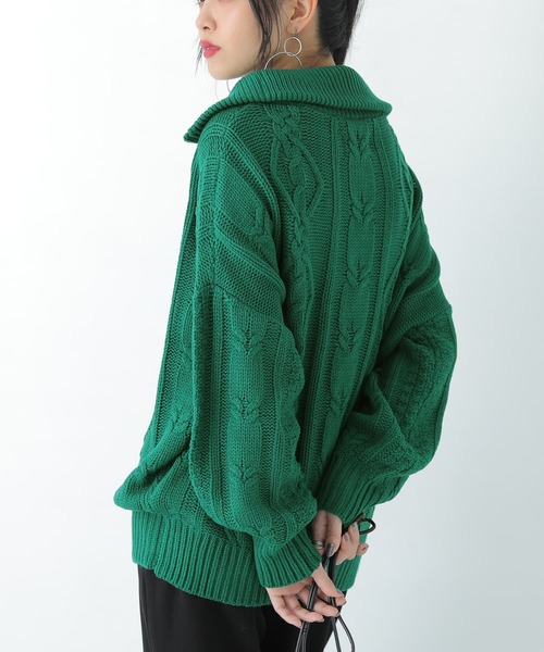 osharewalker（オシャレウォーカー）の「『ハーフジップデザインケーブルニット』（ニット/セーター・レディース・オフホワイト/グリーン/パープル/ブラック/テラコッタ/イエロー・FREE）」の16枚目の写真