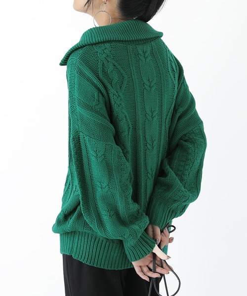 osharewalker（オシャレウォーカー）の「『ハーフジップデザインケーブルニット』（ニット/セーター・レディース・オフホワイト/グリーン/パープル/ブラック/テラコッタ/イエロー・FREE）」の19枚目の写真