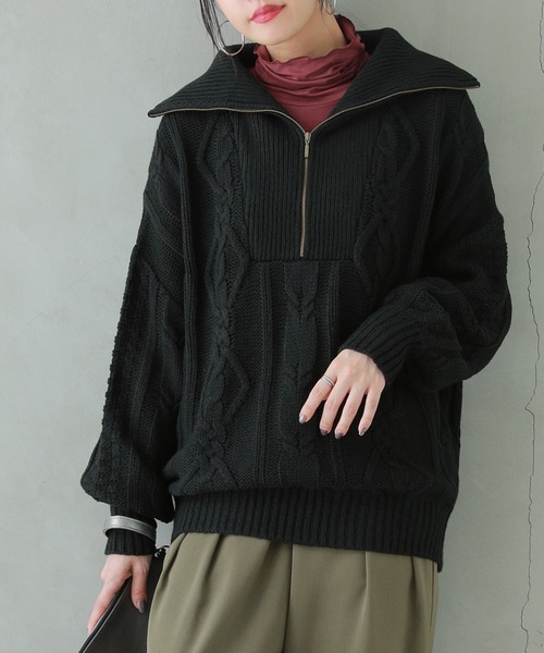 osharewalker（オシャレウォーカー）の「『ハーフジップデザインケーブルニット』（ニット/セーター・レディース・オフホワイト/グリーン/パープル/ブラック/テラコッタ/イエロー・FREE）」の21枚目の写真