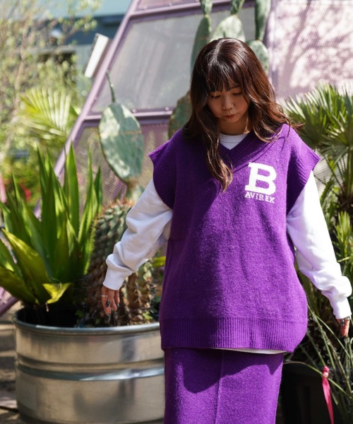 AVIREX（アヴィレックス）の「≪WEB&DEPOT限定≫JACQUAD LOGO KNIT VEST/ジャガードロゴニットベスト（ベスト・レディース・パープル/グレー・FREE）」の8枚目の写真