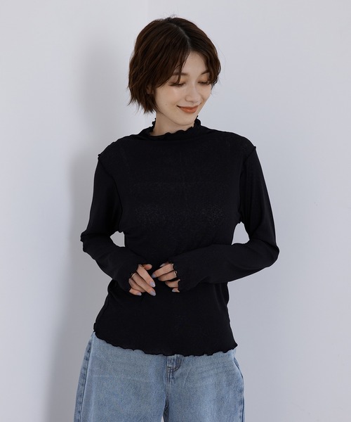 Jayro(ジャイロ)の「シアーネットハイネックプルオーバー(Tシャツ/カットソー・レディース・ブラック/ホワイト系その他/オレンジ/ブルー・M)」の3枚目の写真