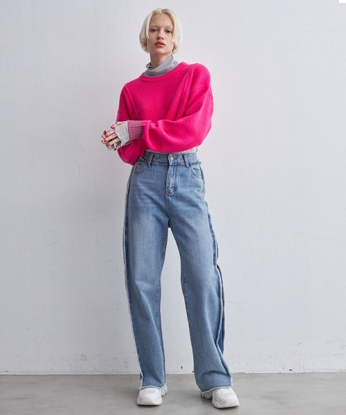 casane（カサネ）の「モヘヤライクショートクルーニット（ニット/セーター・レディース・ブラック/ピンク・FREE）」の14枚目の写真