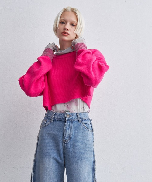 casane（カサネ）の「モヘヤライクショートクルーニット（ニット/セーター・レディース・ブラック/ピンク・FREE）」の16枚目の写真