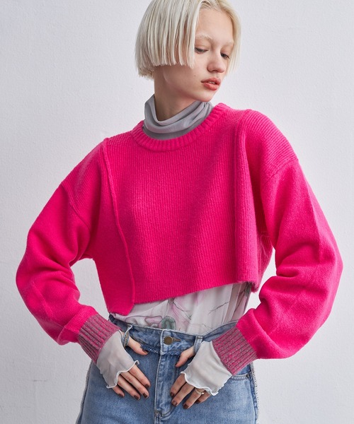 casane（カサネ）の「モヘヤライクショートクルーニット（ニット/セーター・レディース・ブラック/ピンク・FREE）」の19枚目の写真