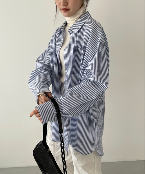 EPIMI E'PIMMY（エピミエピミー）の「サッカーストライプオーバーシャツ（シャツ/ブラウス・レディース・ピンク/オレンジ/オフホワイト/ブルー/グリーン/イエロー・MEDIUM）」の19枚目の写真