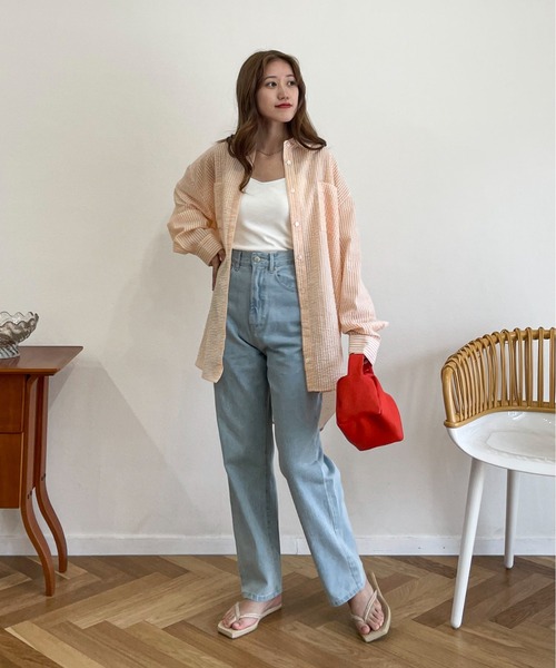 EPIMI E'PIMMY（エピミエピミー）の「サッカーストライプオーバーシャツ（シャツ/ブラウス・レディース・ピンク/オレンジ/オフホワイト/ブルー/グリーン/イエロー・MEDIUM）」の18枚目の写真