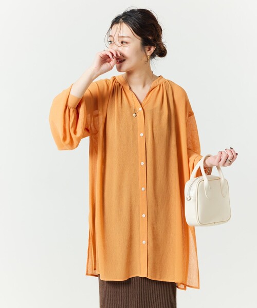 ブラウス シャツ ノーカラーシアーシャツ レディース FREAK'S STORE（フリークスストア）の「【限定展開】ノーカラー