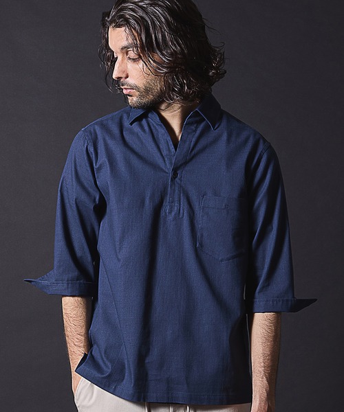 RATTLE TRAP(ラトルトラップ)の「リネンライクスラブストレッチ七分袖スキッパーシャツ(シャツ/ブラウス・メンズ・カーキ/ベージュ/ネイビー/ホワイト・M/L/LL)」の4枚目の写真