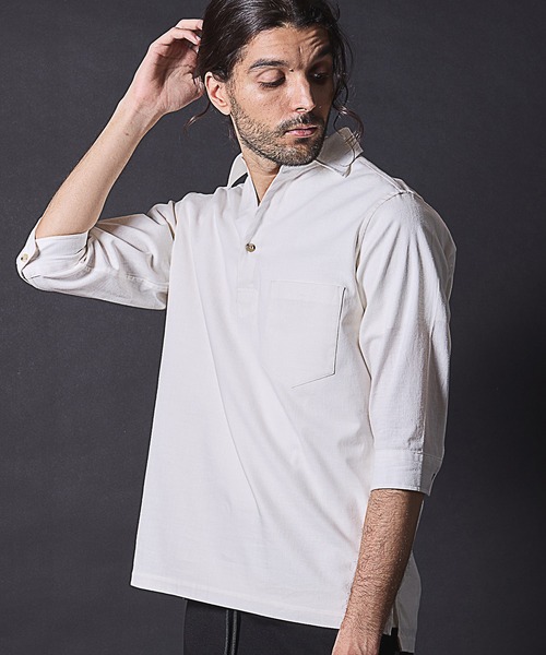 RATTLE TRAP(ラトルトラップ)の「リネンライクスラブストレッチ七分袖スキッパーシャツ(シャツ/ブラウス・メンズ・カーキ/ベージュ/ネイビー/ホワイト・M/L/LL)」の17枚目の写真