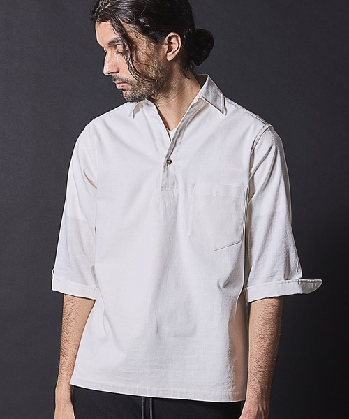 RATTLE TRAP(ラトルトラップ)の「リネンライクスラブストレッチ七分袖スキッパーシャツ(シャツ/ブラウス・メンズ・カーキ/ベージュ/ネイビー/ホワイト・M/L/LL)」の20枚目の写真