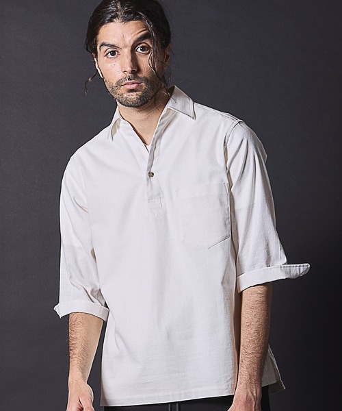 RATTLE TRAP(ラトルトラップ)の「リネンライクスラブストレッチ七分袖スキッパーシャツ(シャツ/ブラウス・メンズ・カーキ/ベージュ/ネイビー/ホワイト・M/L/LL)」の21枚目の写真