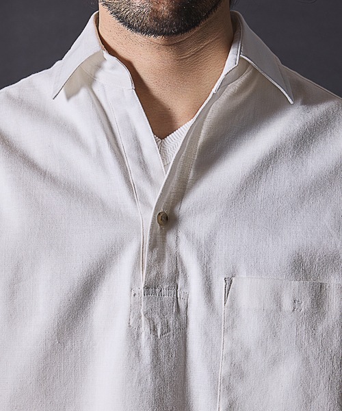 RATTLE TRAP(ラトルトラップ)の「リネンライクスラブストレッチ七分袖スキッパーシャツ(シャツ/ブラウス・メンズ・カーキ/ベージュ/ネイビー/ホワイト・M/L/LL)」の10枚目の写真