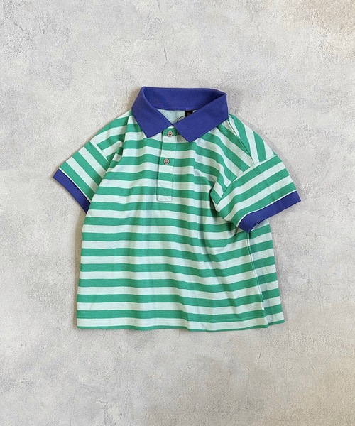 BIG FIELD(ビッグフィールド)の「ボーダーワイドポロシャツ(90~150cm)(Tシャツ/カットソー・キッズ・グリーン/ブラック・90/100/110/120/130/140/150)」の1枚目の写真