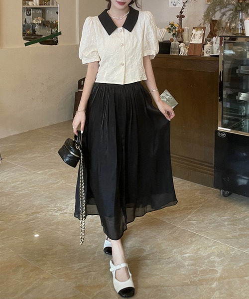 DAY CLOSET（デイ クローゼット）の「レディース 半袖パフスリステンカラーエンボス加工ブラウス（シャツ/ブラウス・レディース・アイボリー/ブルー/ホワイト/ブラック・M）」の9枚目の写真