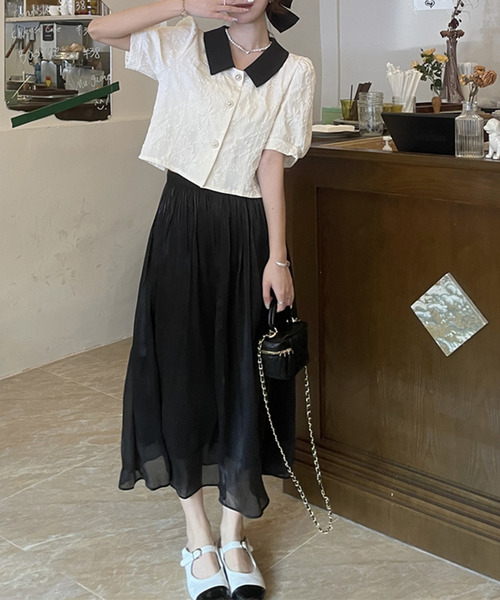 DAY CLOSET（デイ クローゼット）の「レディース 半袖パフスリステンカラーエンボス加工ブラウス（シャツ/ブラウス・レディース・アイボリー/ブルー/ホワイト/ブラック・M）」の10枚目の写真