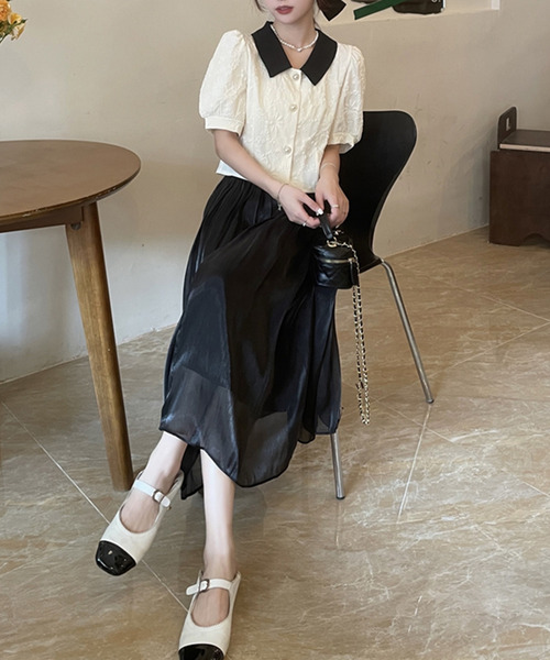 DAY CLOSET（デイ クローゼット）の「レディース 半袖パフスリステンカラーエンボス加工ブラウス（シャツ/ブラウス・レディース・アイボリー/ブルー/ホワイト/ブラック・M）」の11枚目の写真