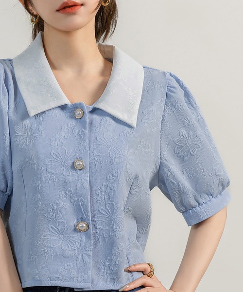 DAY CLOSET（デイ クローゼット）の「レディース 半袖パフスリステンカラーエンボス加工ブラウス（シャツ/ブラウス・レディース・アイボリー/ブルー/ホワイト/ブラック・M）」の22枚目の写真