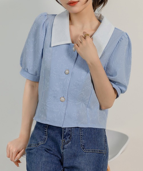 DAY CLOSET（デイ クローゼット）の「レディース 半袖パフスリステンカラーエンボス加工ブラウス（シャツ/ブラウス・レディース・アイボリー/ブルー/ホワイト/ブラック・M）」の16枚目の写真