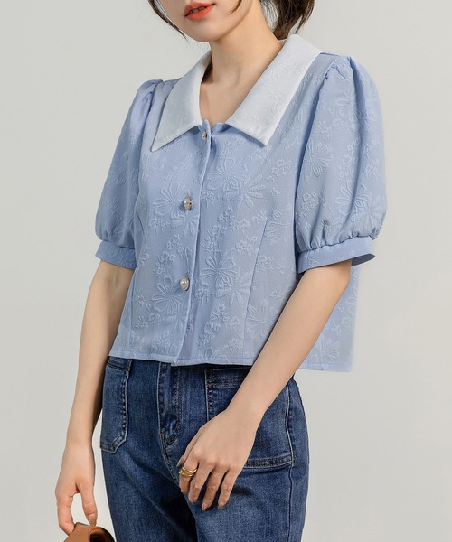 DAY CLOSET（デイ クローゼット）の「レディース 半袖パフスリステンカラーエンボス加工ブラウス（シャツ/ブラウス・レディース・アイボリー/ブルー/ホワイト/ブラック・M）」の17枚目の写真