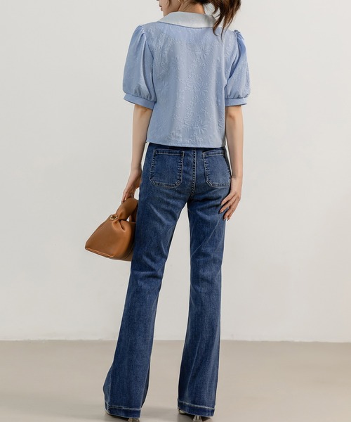 DAY CLOSET（デイ クローゼット）の「レディース 半袖パフスリステンカラーエンボス加工ブラウス（シャツ/ブラウス・レディース・アイボリー/ブルー/ホワイト/ブラック・M）」の19枚目の写真