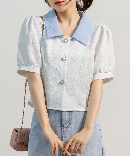 DAY CLOSET（デイ クローゼット）の「レディース 半袖パフスリステンカラーエンボス加工ブラウス（シャツ/ブラウス・レディース・アイボリー/ブルー/ホワイト/ブラック・M）」の12枚目の写真