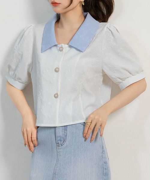 DAY CLOSET（デイ クローゼット）の「レディース 半袖パフスリステンカラーエンボス加工ブラウス（シャツ/ブラウス・レディース・アイボリー/ブルー/ホワイト/ブラック・M）」の13枚目の写真