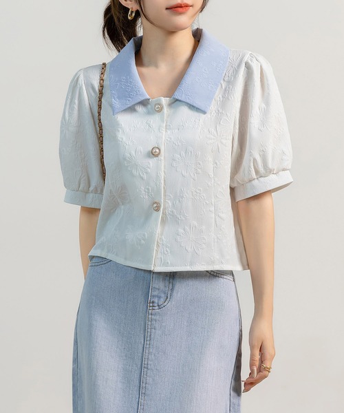 DAY CLOSET（デイ クローゼット）の「レディース 半袖パフスリステンカラーエンボス加工ブラウス（シャツ/ブラウス・レディース・アイボリー/ブルー/ホワイト/ブラック・M）」の14枚目の写真