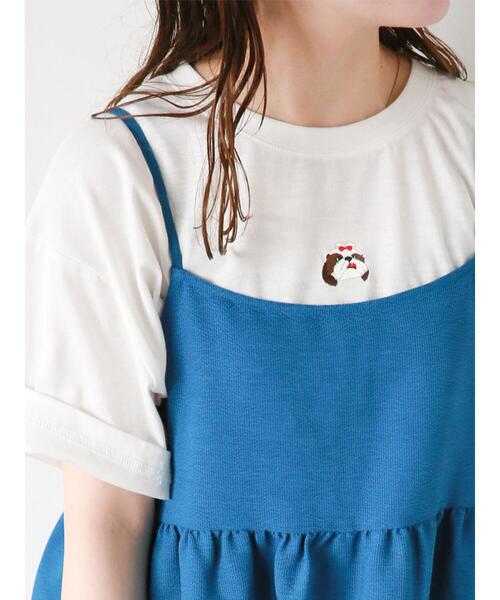 ehka sopo（エヘカソポ）の「◎ワンコ刺繍Tシャツ（Tシャツ/カットソー・レディース・ブルー/オフホワイト/ベージュ/ブラック・F）」の2枚目の写真