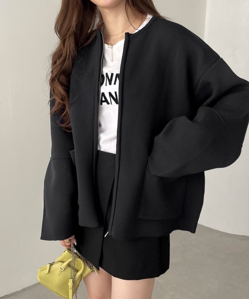 BPN イレヘム 裾 カーディガン セール】無地/ボーダーランタンスリーブジップニットカーディガン