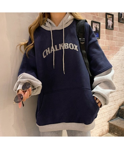 NinaetLina（ニナエリナ）の「裏起毛フェイクレイヤードプルパーカー（パーカー・レディース・ベージュ/ネイビー/グレー・XL/M/L）」の7枚目の写真
