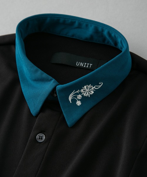 UNIIT(ユニット)の「【UNIIT/ユニット】衿配色 襟刺繍 ドルマンスリーブシャツ ビッグシルエット 韓国モード フラワー刺繍(シャツ/ブラウス・メンズ・ブラック/グレー/ホワイト・MEDIUM/LARGE)」の4枚目の写真