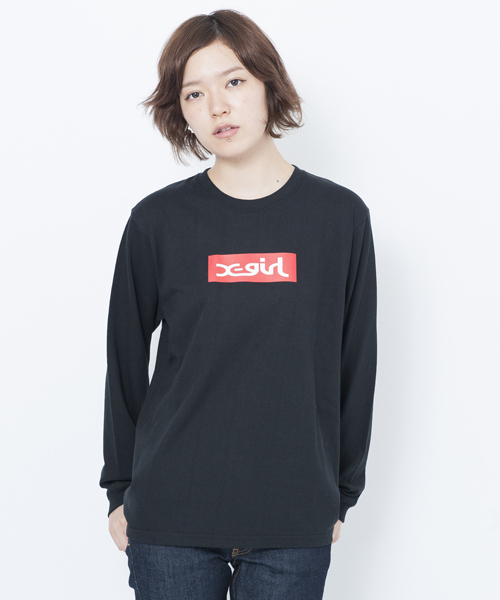 X-girl（エックスガール）の「BOX LOGO L/S TEE（Tシャツ/カットソー・レディース・ホワイト/ブラック/アッシュ・ONE SIZE）」の2枚目の写真