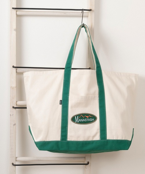 MANASTASH(マナスタッシュ)の「【MANASTASH/マナスタッシュ】オーバルロゴ ワッペンデザイン キャンバストートL/ MANA HEMP TOTE LARGE(トートバッグ・レディース・ホワイト×ネイビー/ホワイト×レッド/ホワイト×グリーン・FREE)」の3枚目の写真