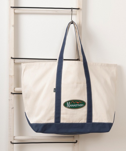 MANASTASH(マナスタッシュ)の「【MANASTASH/マナスタッシュ】オーバルロゴ ワッペンデザイン キャンバストートL/ MANA HEMP TOTE LARGE(トートバッグ・レディース・ホワイト×ネイビー/ホワイト×レッド/ホワイト×グリーン・FREE)」の2枚目の写真