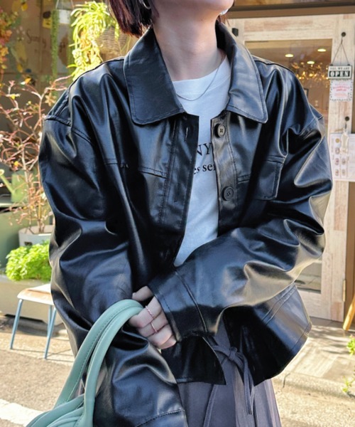 CLEA(クレア)の「フェイクレザーショートジャケット(ブルゾン・レディース・ブラック/ブラウン・FREE)」の7枚目の写真