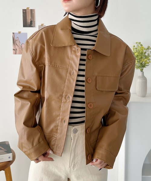 CLEA(クレア)の「フェイクレザーショートジャケット(ブルゾン・レディース・ブラック/ブラウン・FREE)」の16枚目の写真