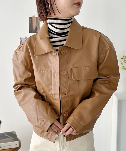 CLEA(クレア)の「フェイクレザーショートジャケット(ブルゾン・レディース・ブラック/ブラウン・FREE)」の19枚目の写真