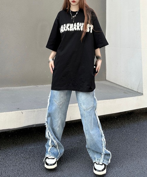 meJane（ミージェーン）の「サイドフリンジ リメイクライクワイドデニム（デニムパンツ・レディース・ブルー・S/L/M）」の5枚目の写真