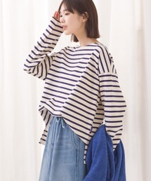 10番単ボーダーワイドシルエットスリット長袖Tシャツ