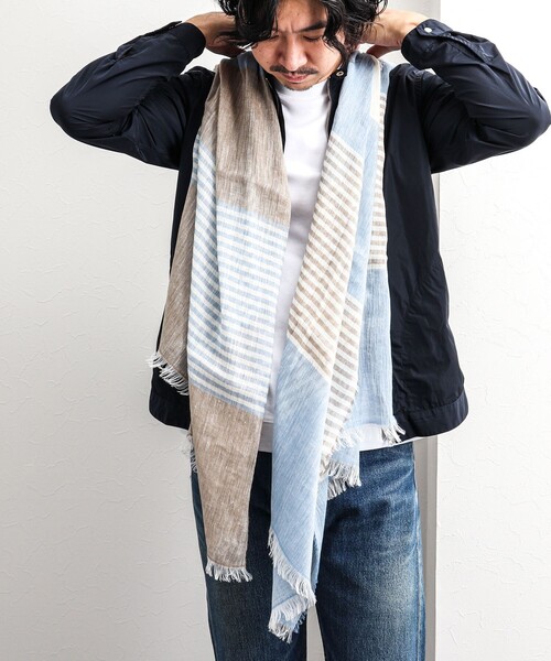 NOLLEY'S goodman(ノーリーズグッドマン)の「リネンコットンボーダーストール イタリア製 大判(ストール/ショール・メンズ・ブルー系その他/ネイビー・FREE)」の15枚目の写真