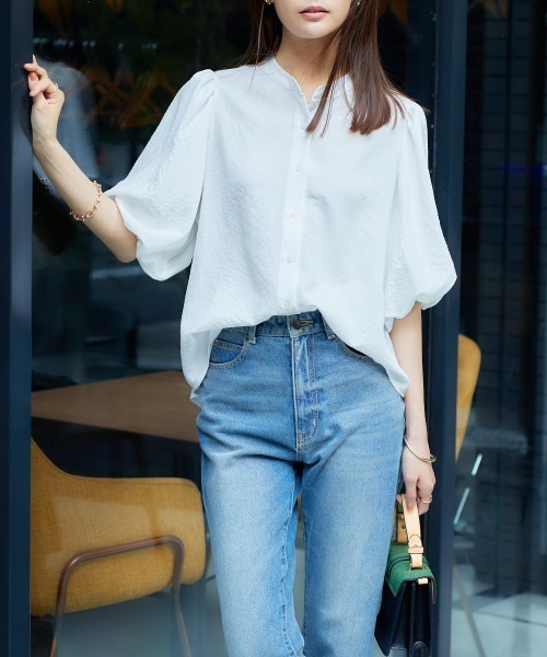 nissen（ニッセン）の「ボリューム袖バンドカラーシャツ（シャツ/ブラウス・レディース・サックスブルー/オフホワイト/ブラック・M/L/LL/S）」の17枚目の写真