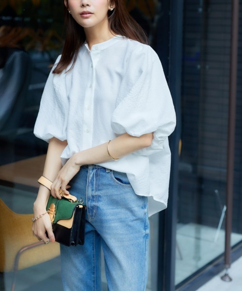 nissen（ニッセン）の「ボリューム袖バンドカラーシャツ（シャツ/ブラウス・レディース・サックスブルー/オフホワイト/ブラック・M/L/LL/S）」の18枚目の写真