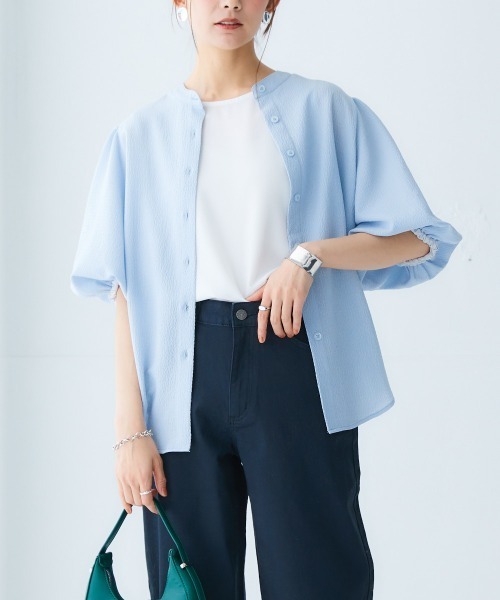 nissen（ニッセン）の「ボリューム袖バンドカラーシャツ（シャツ/ブラウス・レディース・サックスブルー/オフホワイト/ブラック・M/L/LL/S）」の14枚目の写真