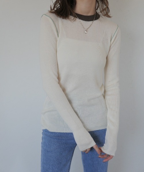 Reurie'(レウリィ)の「カラーパイピングトップス/color piping top 長袖 シアーニット シースルー シアー バイカラー ワンポイント シンプル カジュアル 綺麗め オフィスカジュアル 韓国 アイボリー ブラック(ニット/セーター・レディース・アイボリー/ブラック・FREE)」の2枚目の写真
