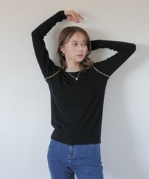 カラーパイピングトップス/color piping top 長袖 シアーニット シースルー シアー バイカラー ワンポイント シンプル カジュアル 綺麗め オフィスカジュアル 韓国 アイボリー ブラック