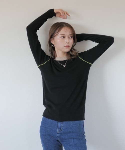 Reurie'(レウリィ)の「カラーパイピングトップス/color piping top 長袖 シアーニット シースルー シアー バイカラー ワンポイント シンプル カジュアル 綺麗め オフィスカジュアル 韓国 アイボリー ブラック(ニット/セーター・レディース・アイボリー/ブラック・FREE)」の1枚目の写真