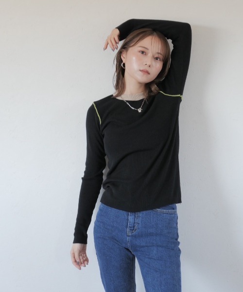 Reurie'(レウリィ)の「カラーパイピングトップス/color piping top 長袖 シアーニット シースルー シアー バイカラー ワンポイント シンプル カジュアル 綺麗め オフィスカジュアル 韓国 アイボリー ブラック(ニット/セーター・レディース・アイボリー/ブラック・FREE)」の3枚目の写真