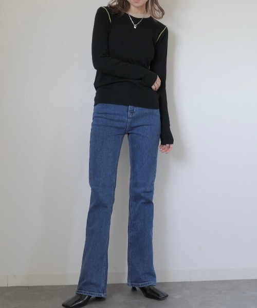 Reurie'(レウリィ)の「カラーパイピングトップス/color piping top 長袖 シアーニット シースルー シアー バイカラー ワンポイント シンプル カジュアル 綺麗め オフィスカジュアル 韓国 アイボリー ブラック(ニット/セーター・レディース・アイボリー/ブラック・FREE)」の7枚目の写真