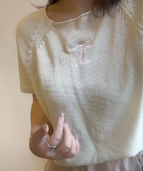 leune(ルネ)の「リボン刺繍半袖ニットプルオーバー(ニット/セーター・レディース・オフホワイト/ブラック/ピンク・FREE)」の4枚目の写真